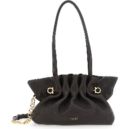 Soft Bag Brown Small Shoulder bag with Gancini on the front and chain strap in leather for women