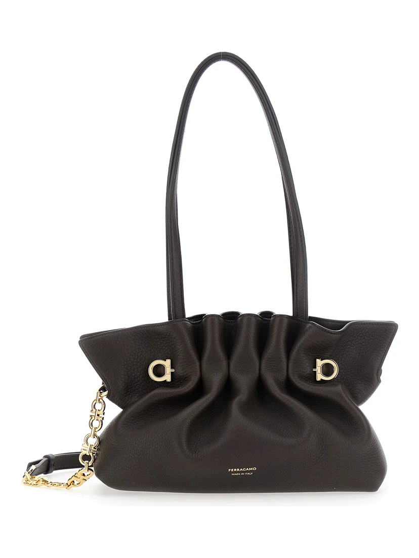 Soft Bag Brown Small Shoulder bag with Gancini on the front and chain strap in leather for women