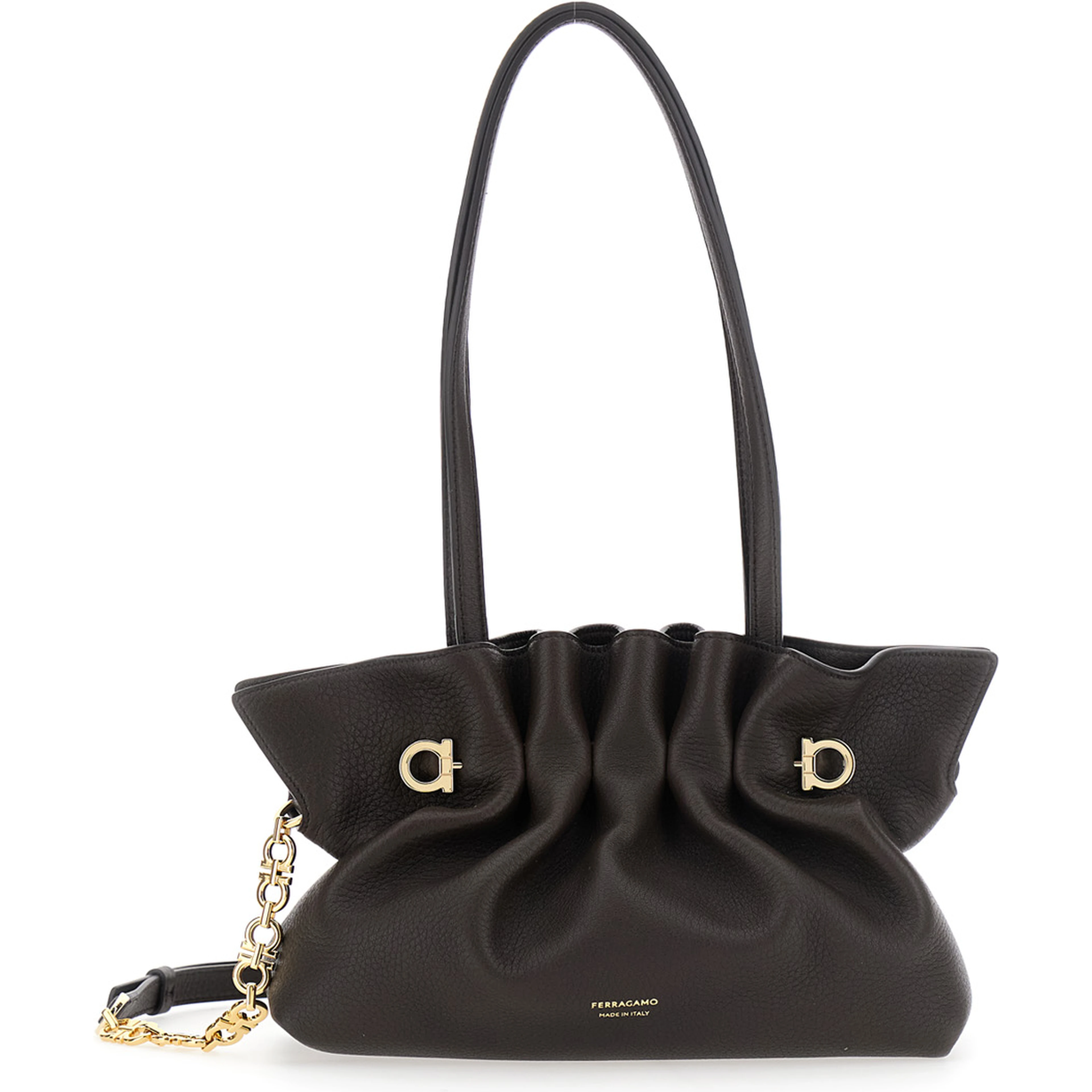 Soft Bag Brown Small Shoulder bag with Gancini on the front and chain strap in leather for women