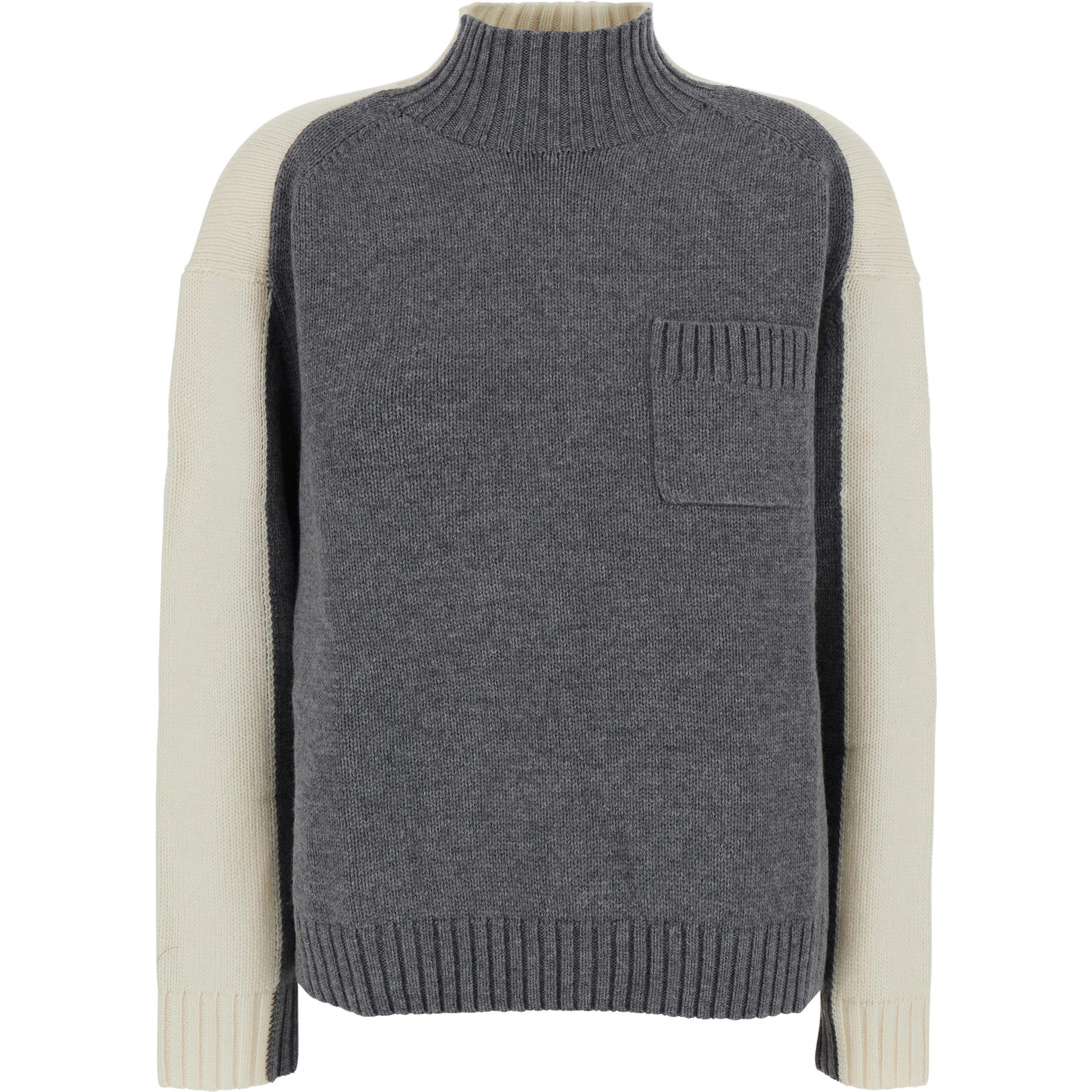 Grey and white Sweater with high collar and bicolor design in wool and cashmere Women