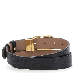 black Reversible belt with VLOGO plaque in leather for women