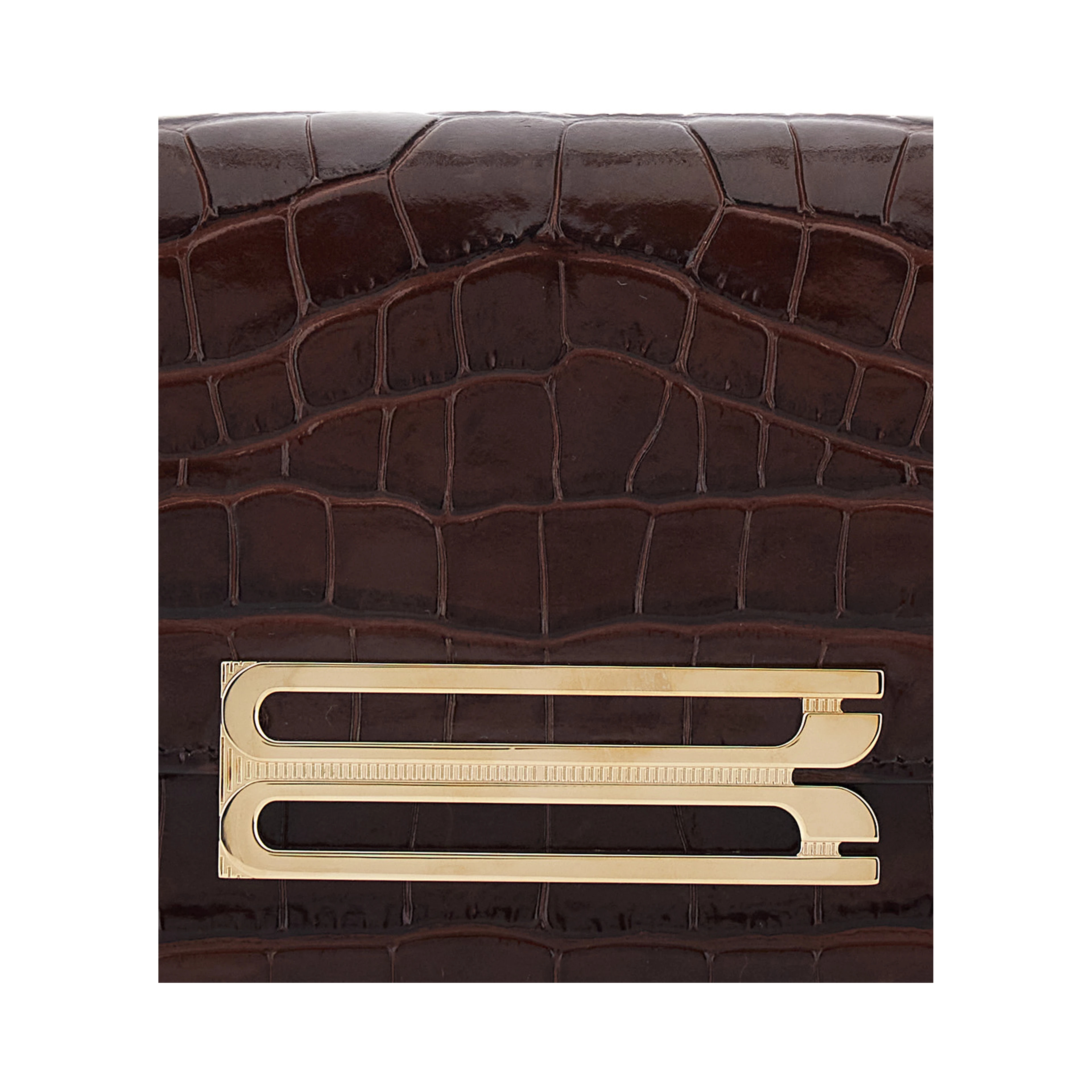 Dorian East-West Brown Shoulder Bag with Plaque Closure on the Front and Crocodile-Embossed Effect in Leather for Women