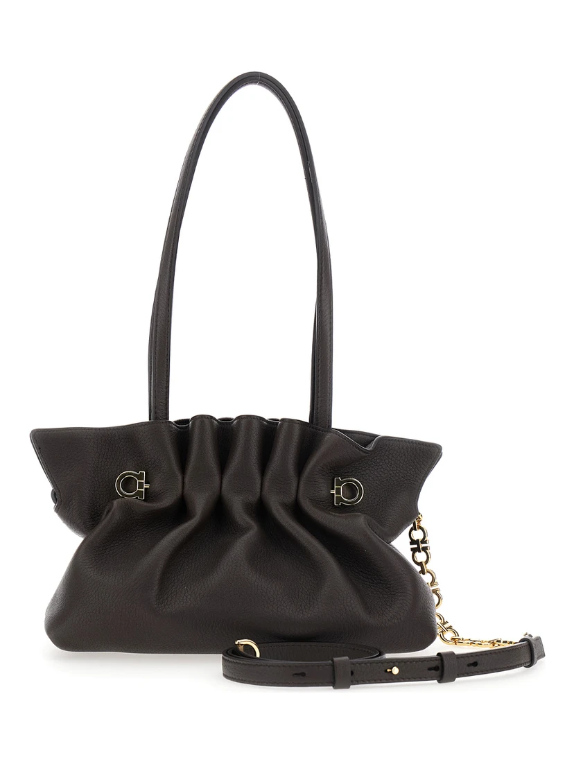 Soft Bag Brown Small Shoulder bag with Gancini on the front and chain strap in leather for women