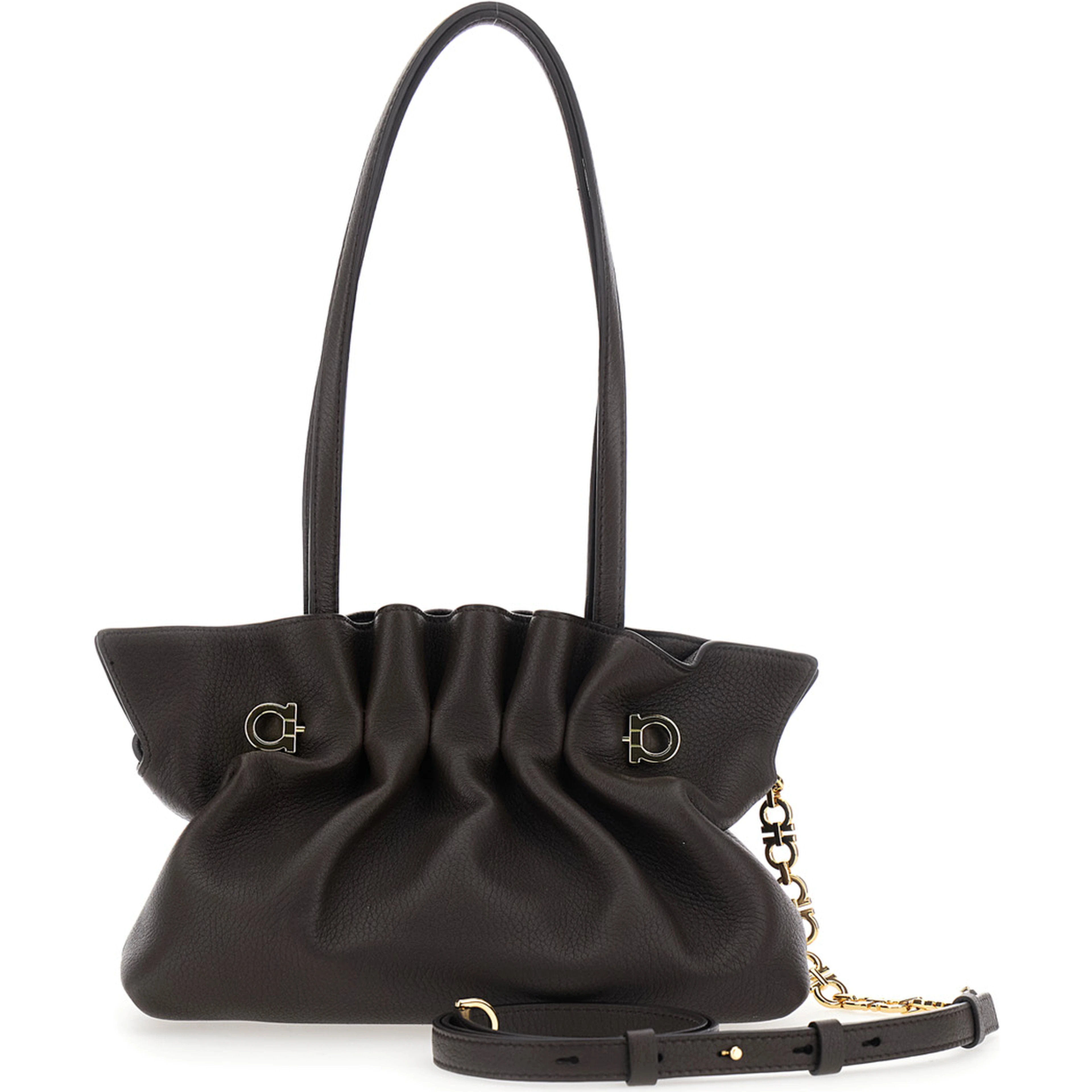 Soft Bag Brown Small Shoulder bag with Gancini on the front and chain strap in leather for women
