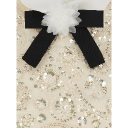 Beige Mini dress with bow on the front and all-over sequin embroidery in tech fabric for women