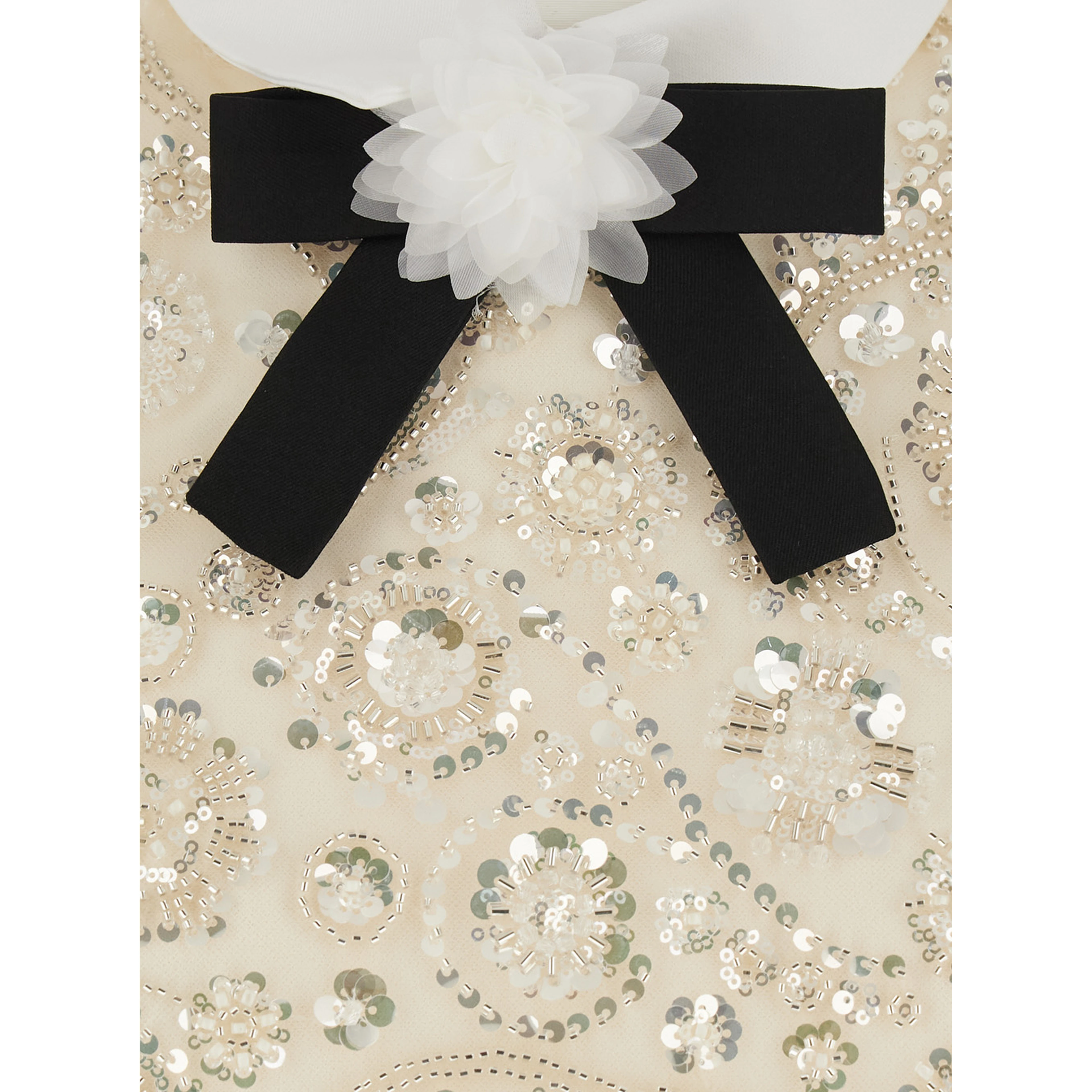 Beige Mini dress with bow on the front and all-over sequin embroidery in tech fabric for women