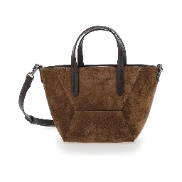 Duo Brown Mini Bag with adjustable and removable shoulder strap and logo lettering on the front in suede for women