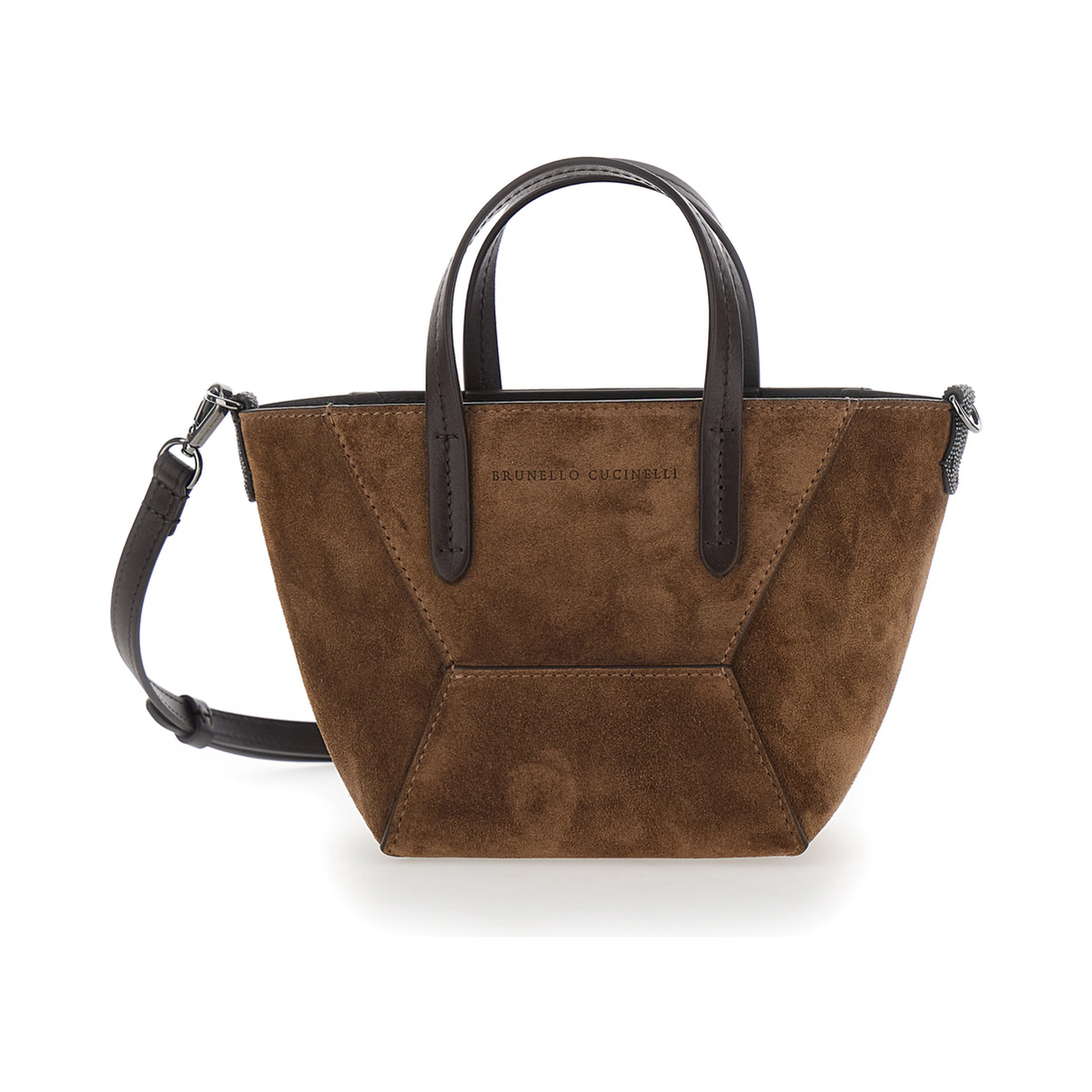 Duo Brown Mini Bag with adjustable and removable shoulder strap and logo lettering on the front in suede for women