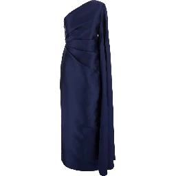 Veya Blue Long Dress with Asymmetric Neckline and Draping in Tech Fabric Women