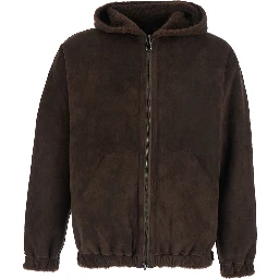 Brown Shearling with fixed hood and elastic hem in eco fur women