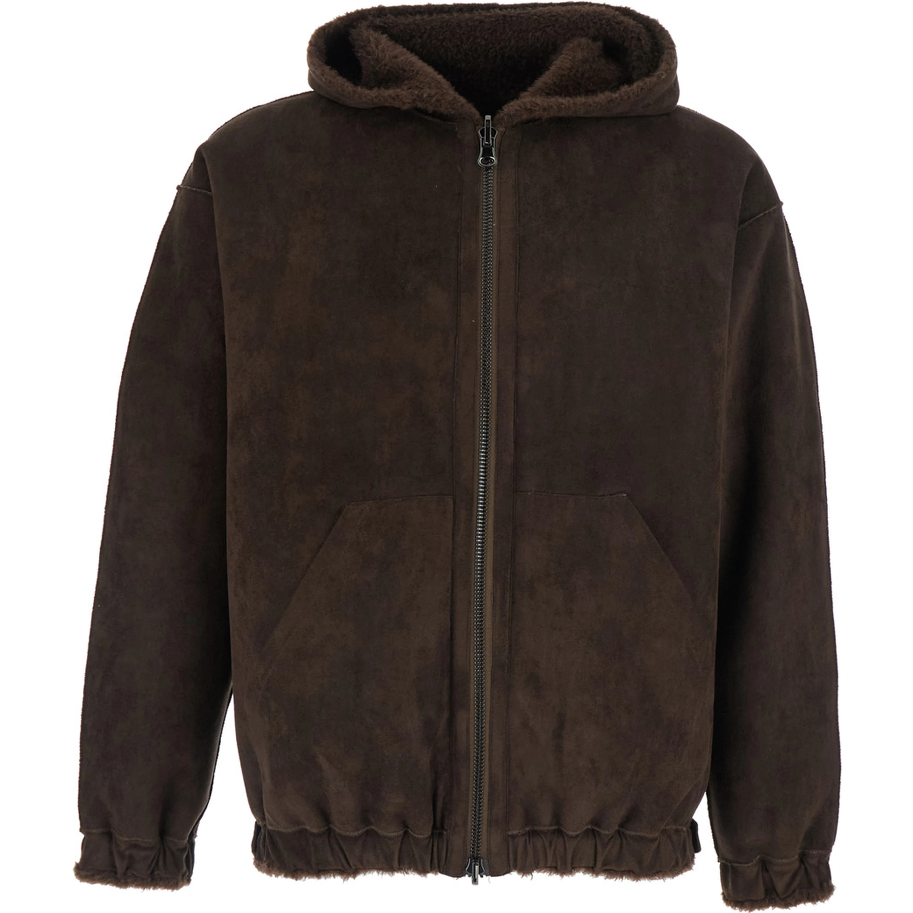 Brown Shearling with fixed hood and elastic hem in eco fur women