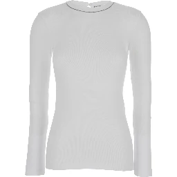 White Long Sleeve T-shirt with Round Neck and Monile Details in Cotton Women