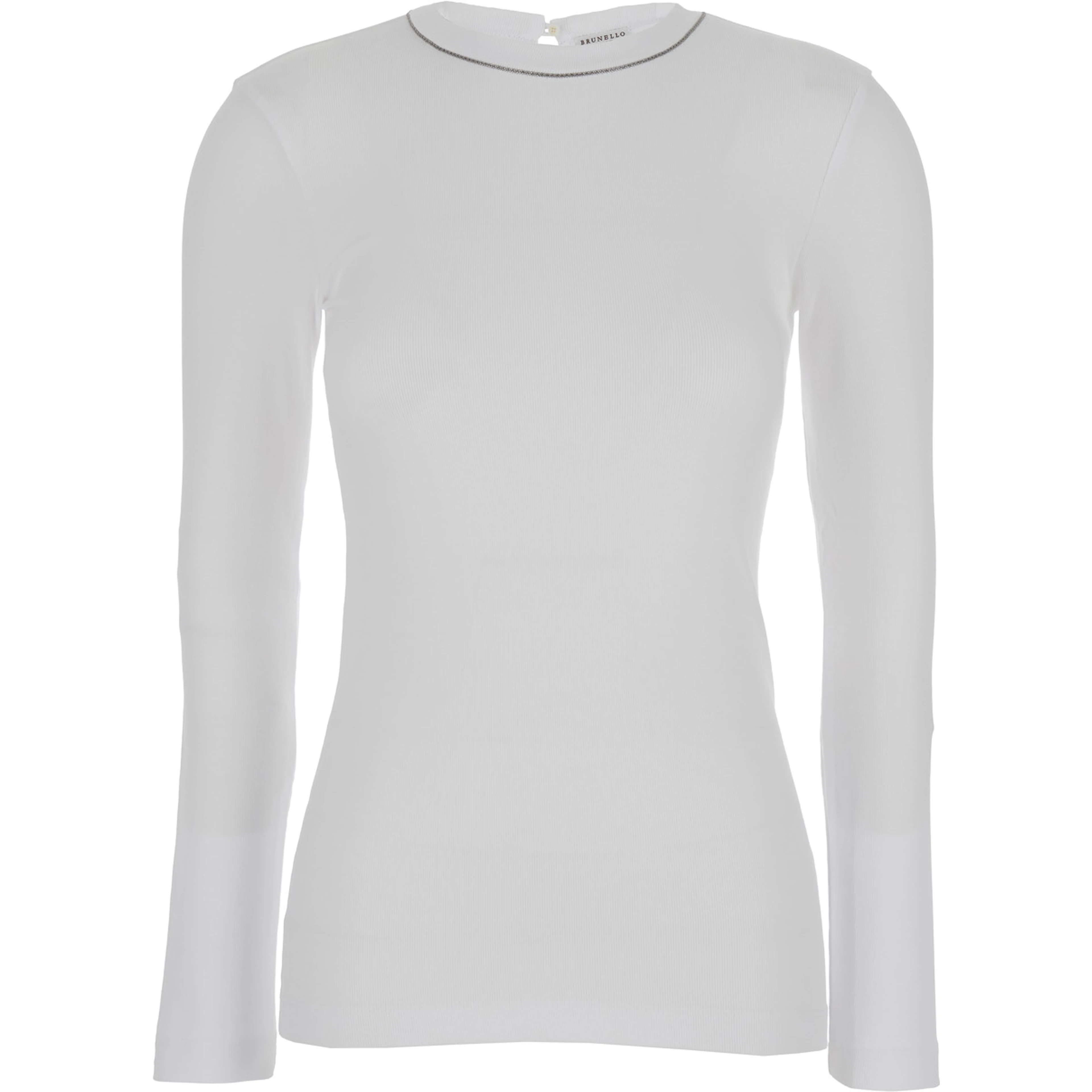 White Long Sleeve T-shirt with Round Neck and Monile Details in Cotton Women