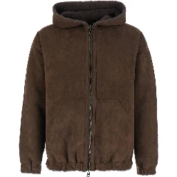 Brown Shearling Jacket with Fixed Hood and Zip Closure on the Front in ecofur for Men