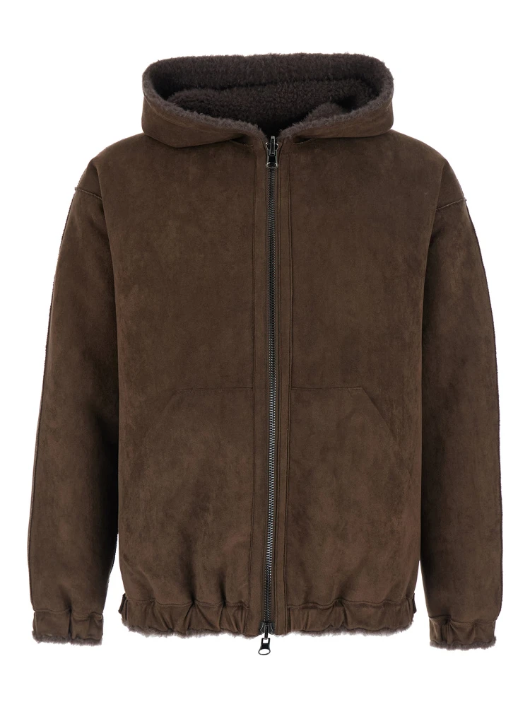 Brown Shearling Jacket with Fixed Hood and Zip Closure on the Front in ecofur for Men