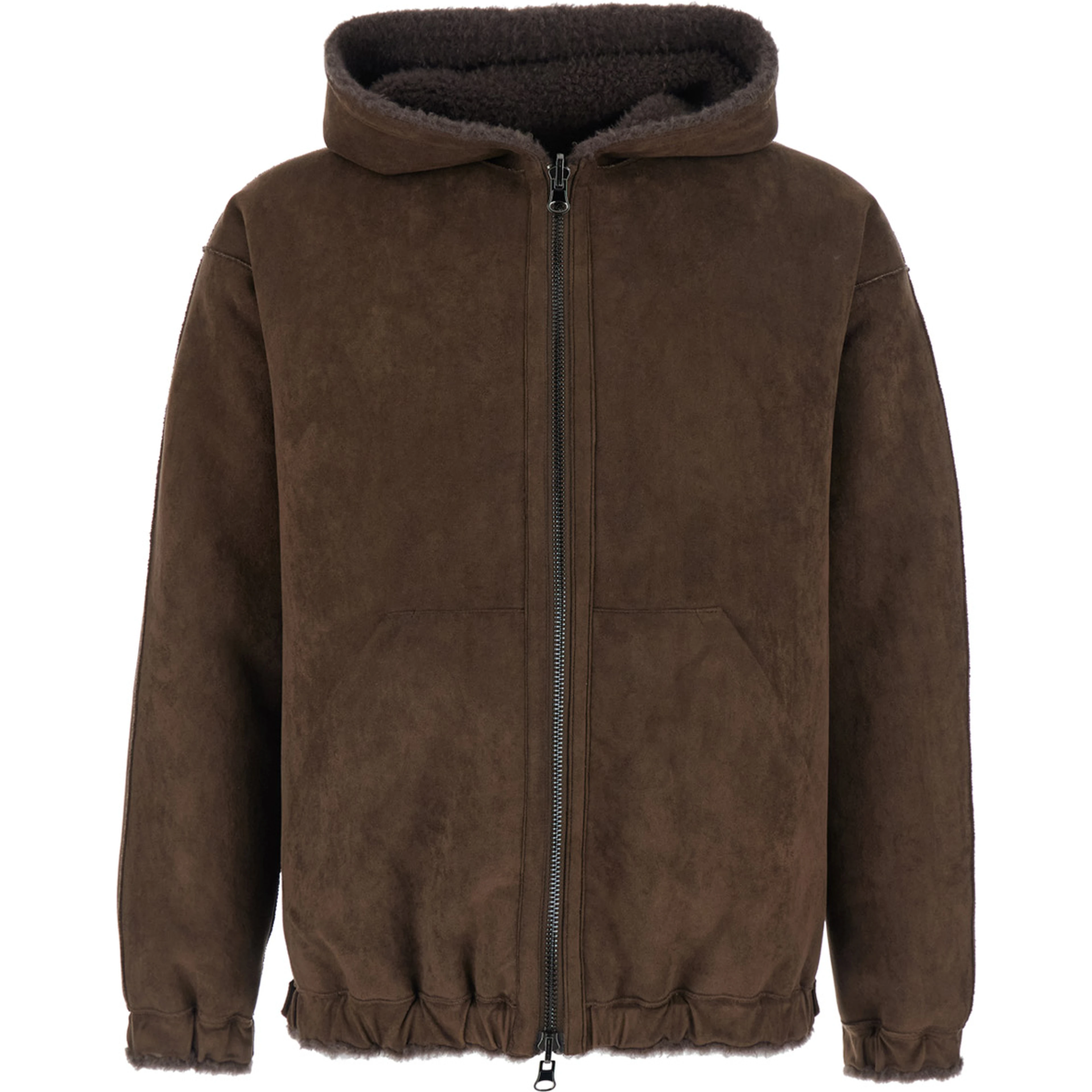 Brown Shearling Jacket with Fixed Hood and Zip Closure on the Front in ecofur for Men
