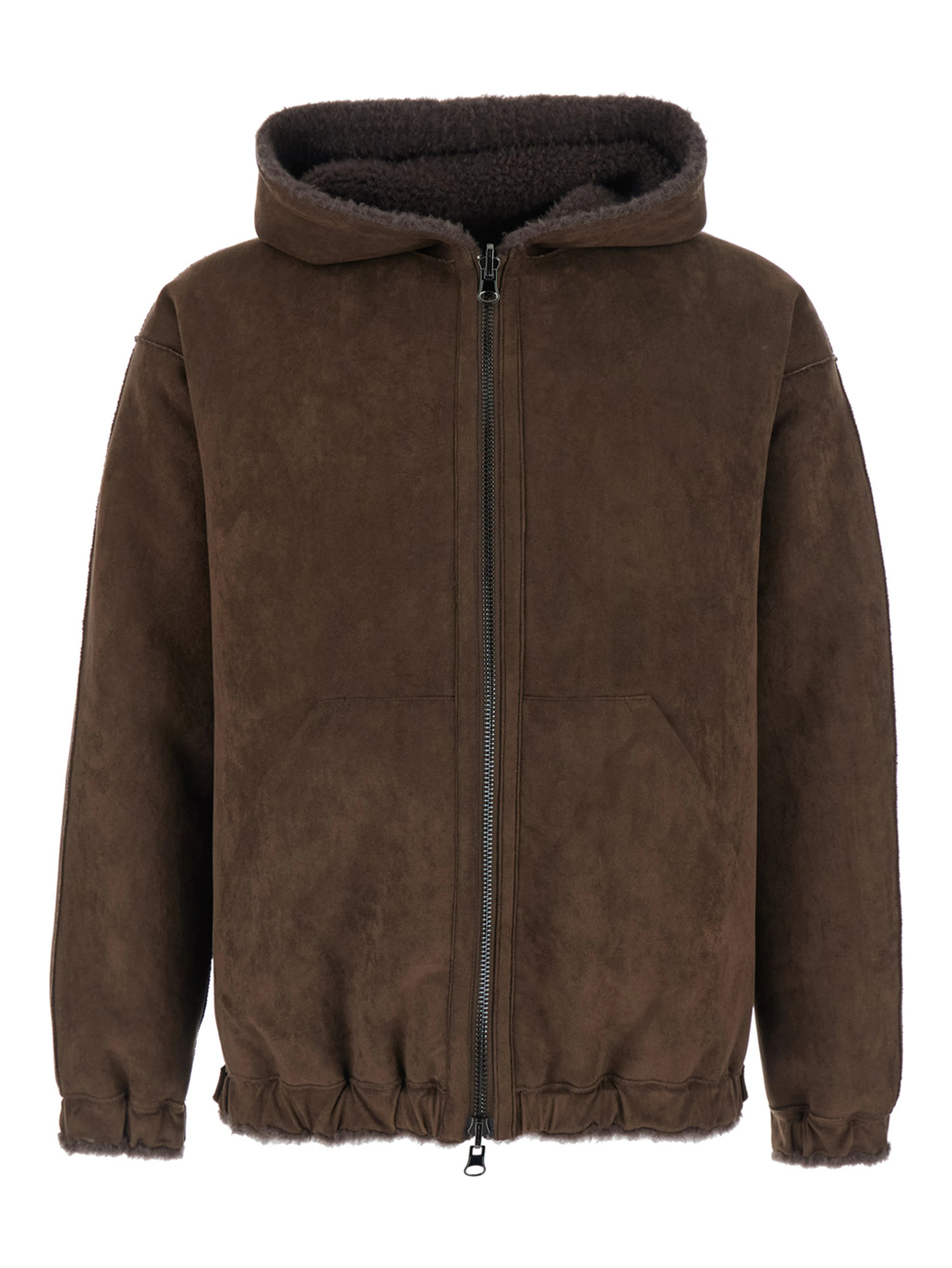 Brown Shearling Jacket with Fixed Hood and Zip Closure on the Front in ecofur for Men