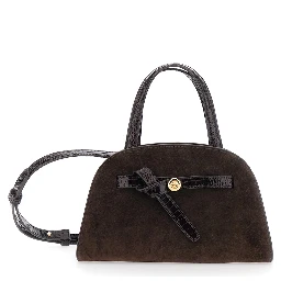 Romy Brown Mini Bag with adjustable and removable shoulder strap and logo plaque on the front in suede for women