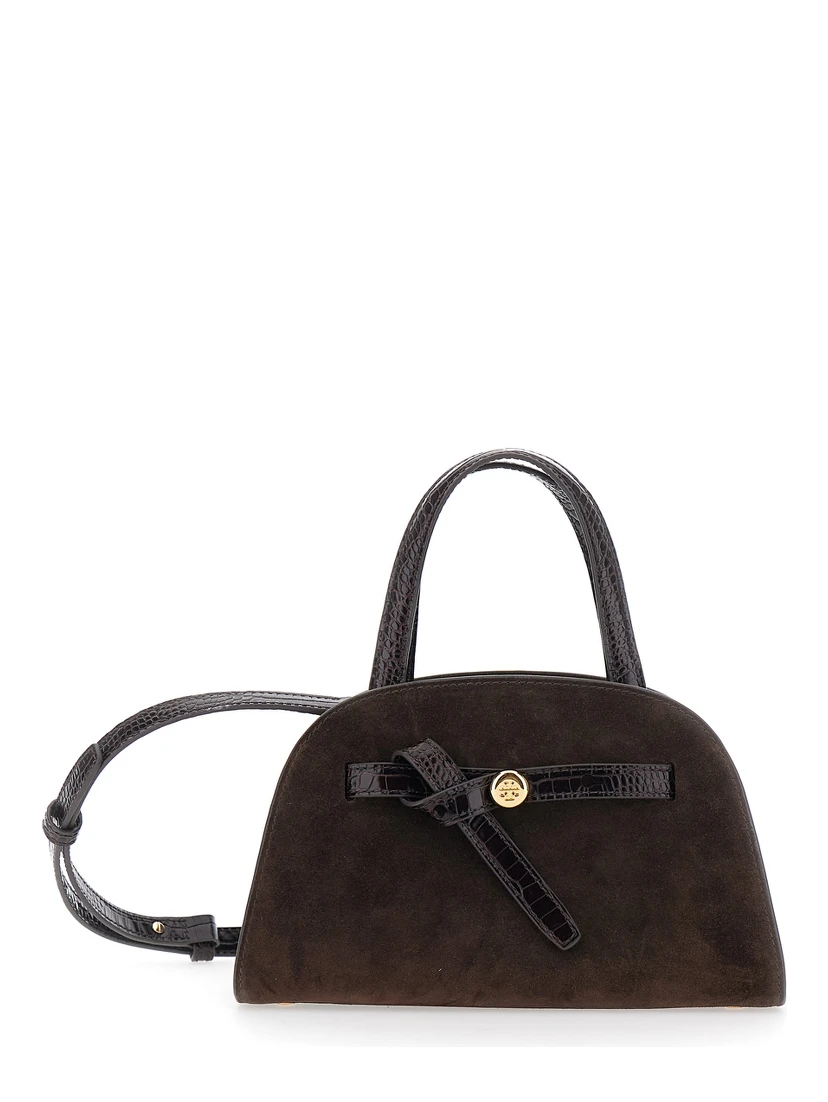 Romy Brown Mini Bag with adjustable and removable shoulder strap and logo plaque on the front in suede for women