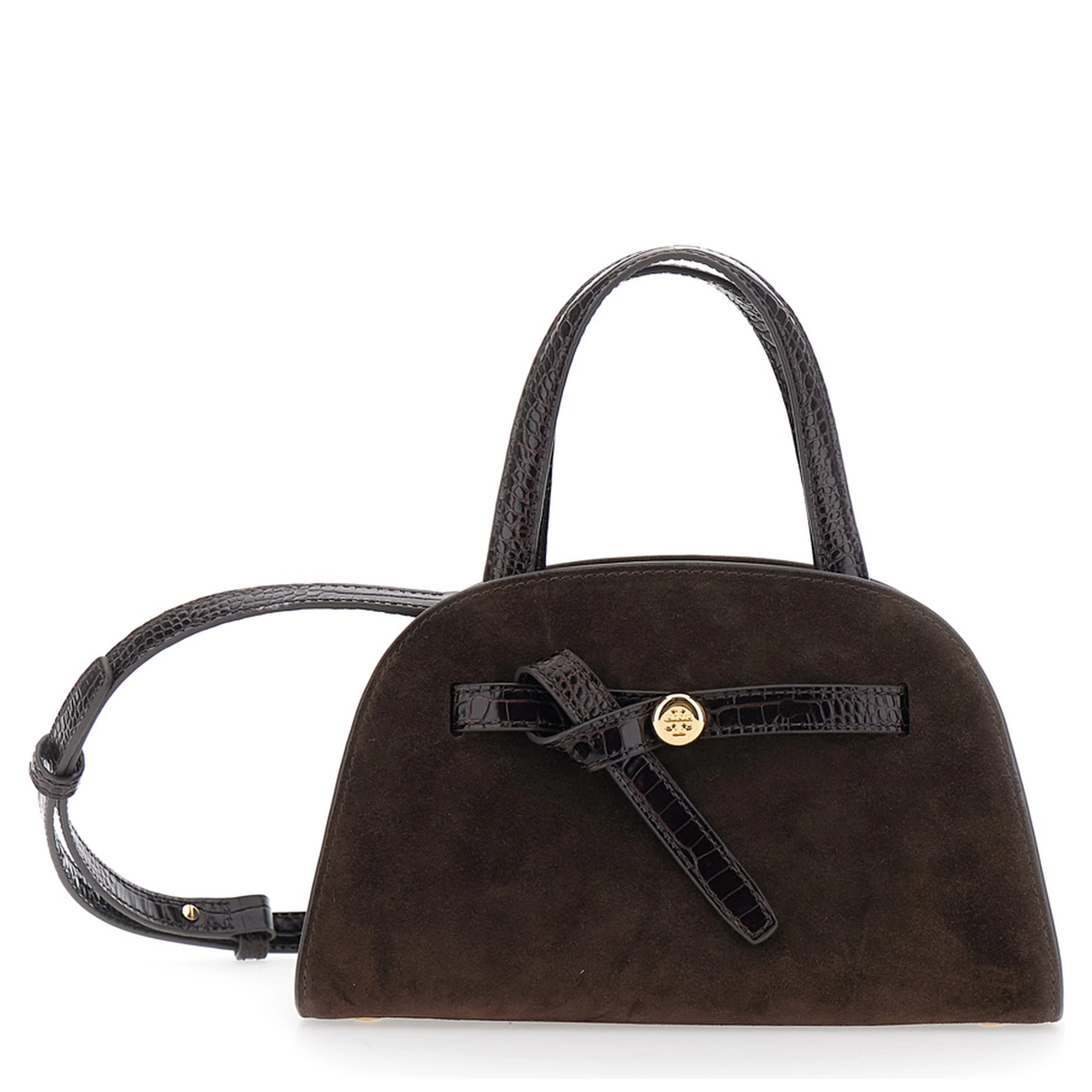 Romy Brown Mini Bag with adjustable and removable shoulder strap and logo plaque on the front in suede for women
