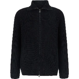 Black Cardigan with zip closure and ribbed texture in Blend wool for men