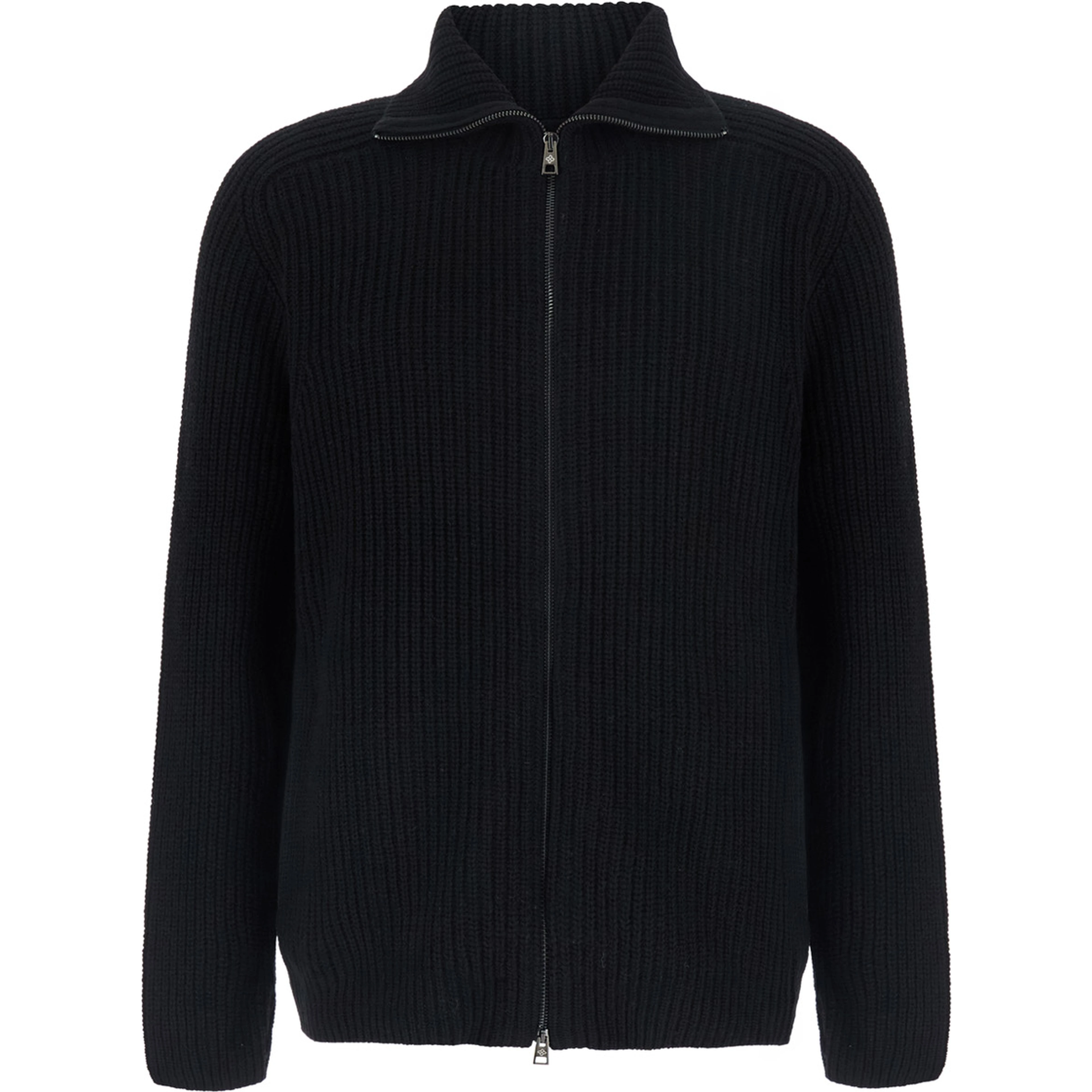 Black Cardigan with zip closure and ribbed texture in Blend wool for men