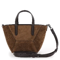 Duo Brown Mini Bag with adjustable and removable shoulder strap and logo lettering on the front in suede for women