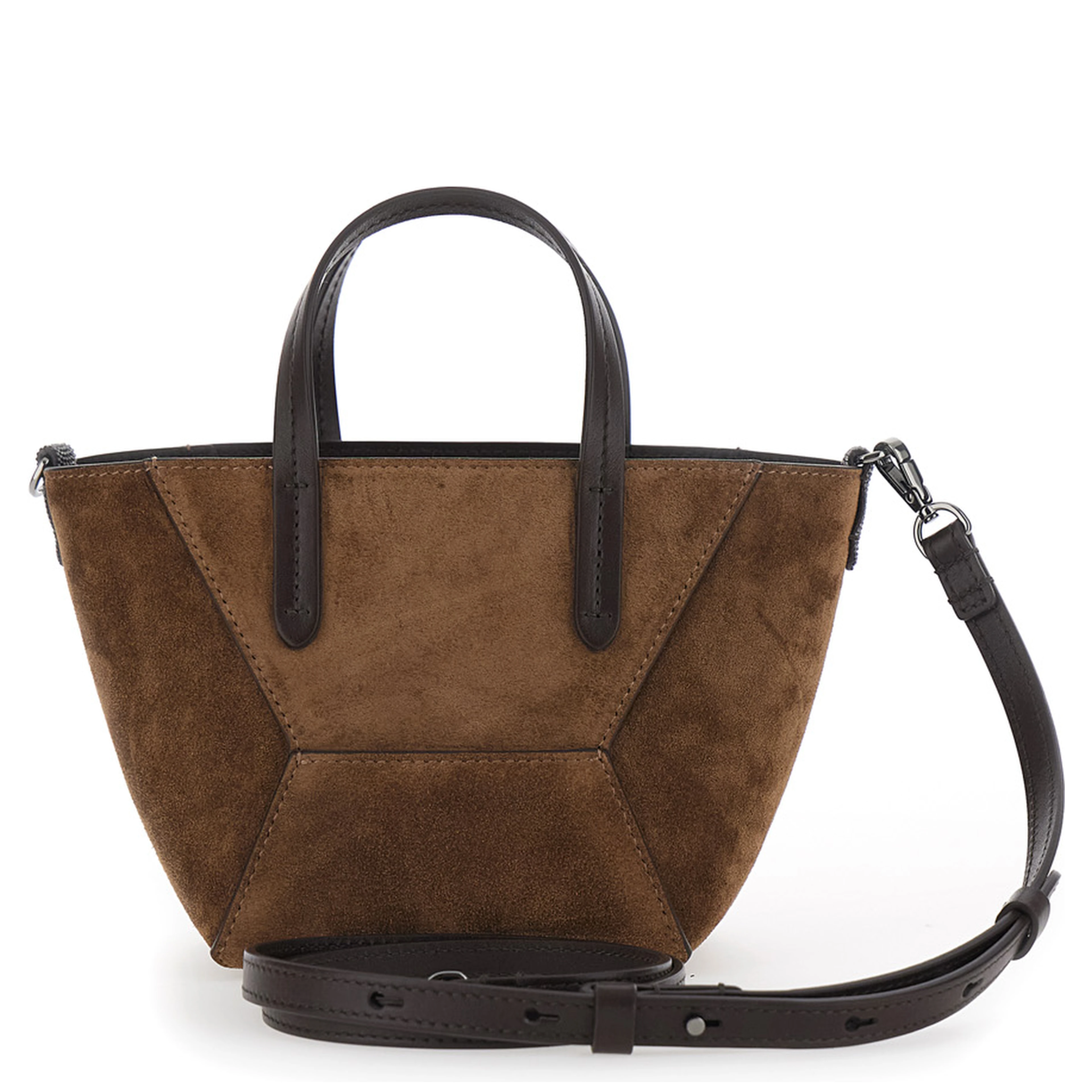 Duo Brown Mini Bag with adjustable and removable shoulder strap and logo lettering on the front in suede for women