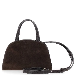Romy Brown Mini Bag with adjustable and removable shoulder strap and logo plaque on the front in suede for women
