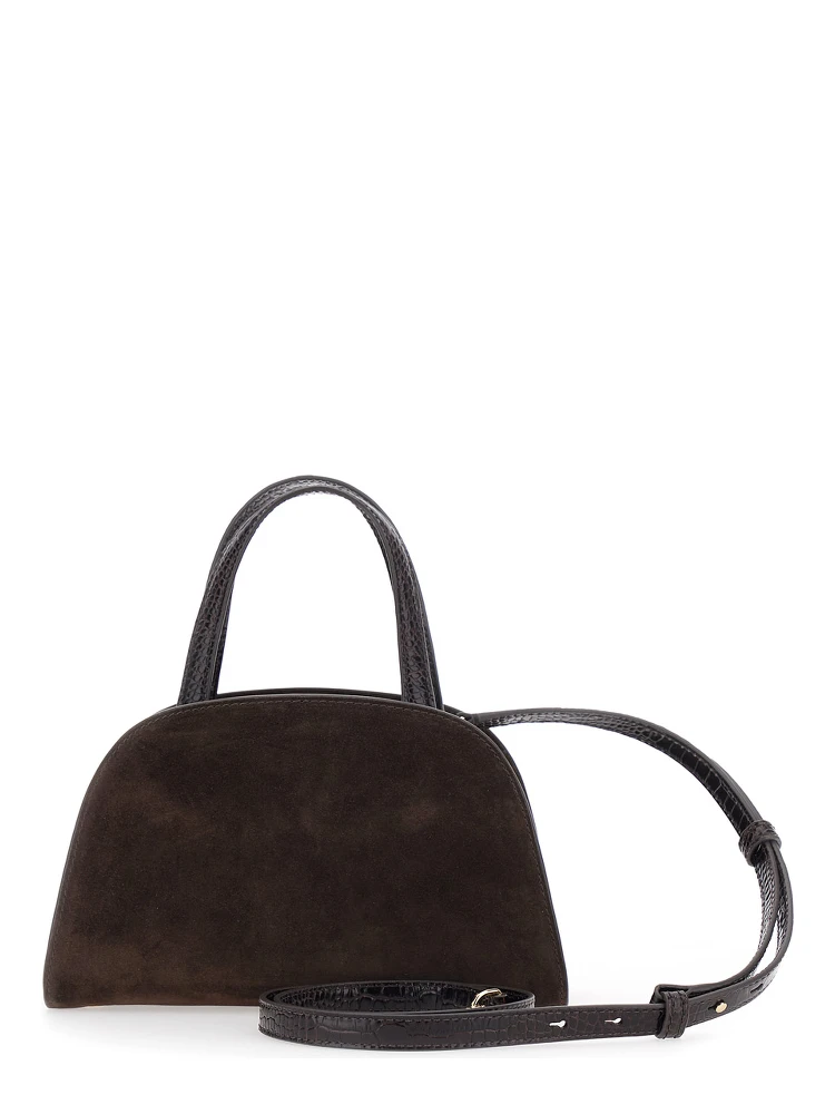 Romy Brown Mini Bag with adjustable and removable shoulder strap and logo plaque on the front in suede for women alternative