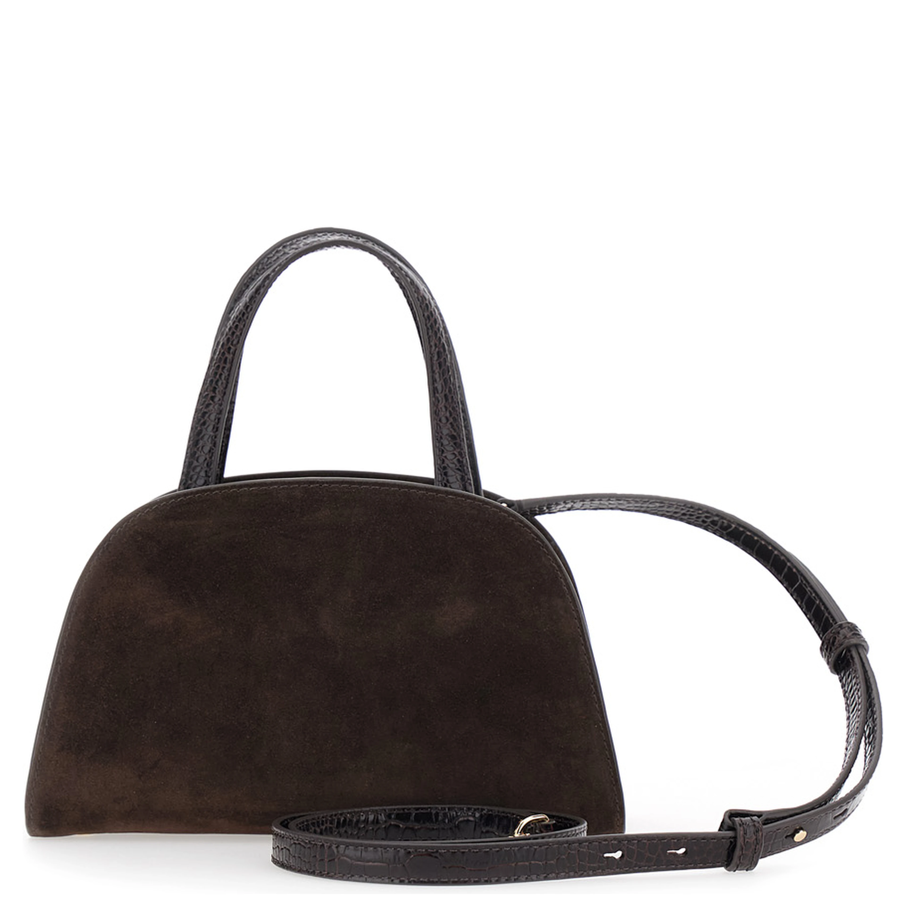 Romy Brown Mini Bag with adjustable and removable shoulder strap and logo plaque on the front in suede for women