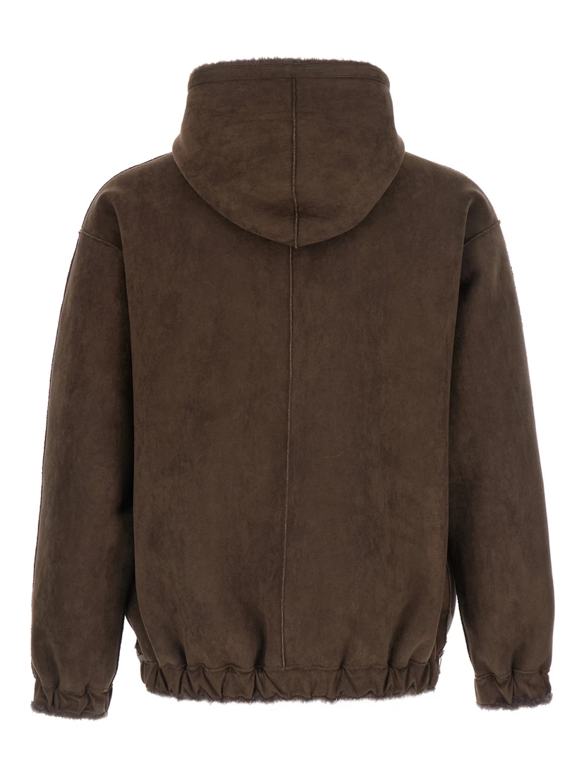 Brown Shearling Jacket with Fixed Hood and Zip Closure on the Front in ecofur for Men
