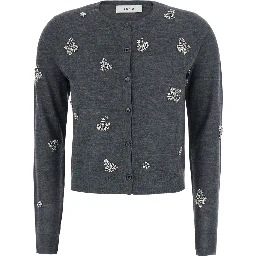 Grey Cardigan with Applied Beads in Wool for Women