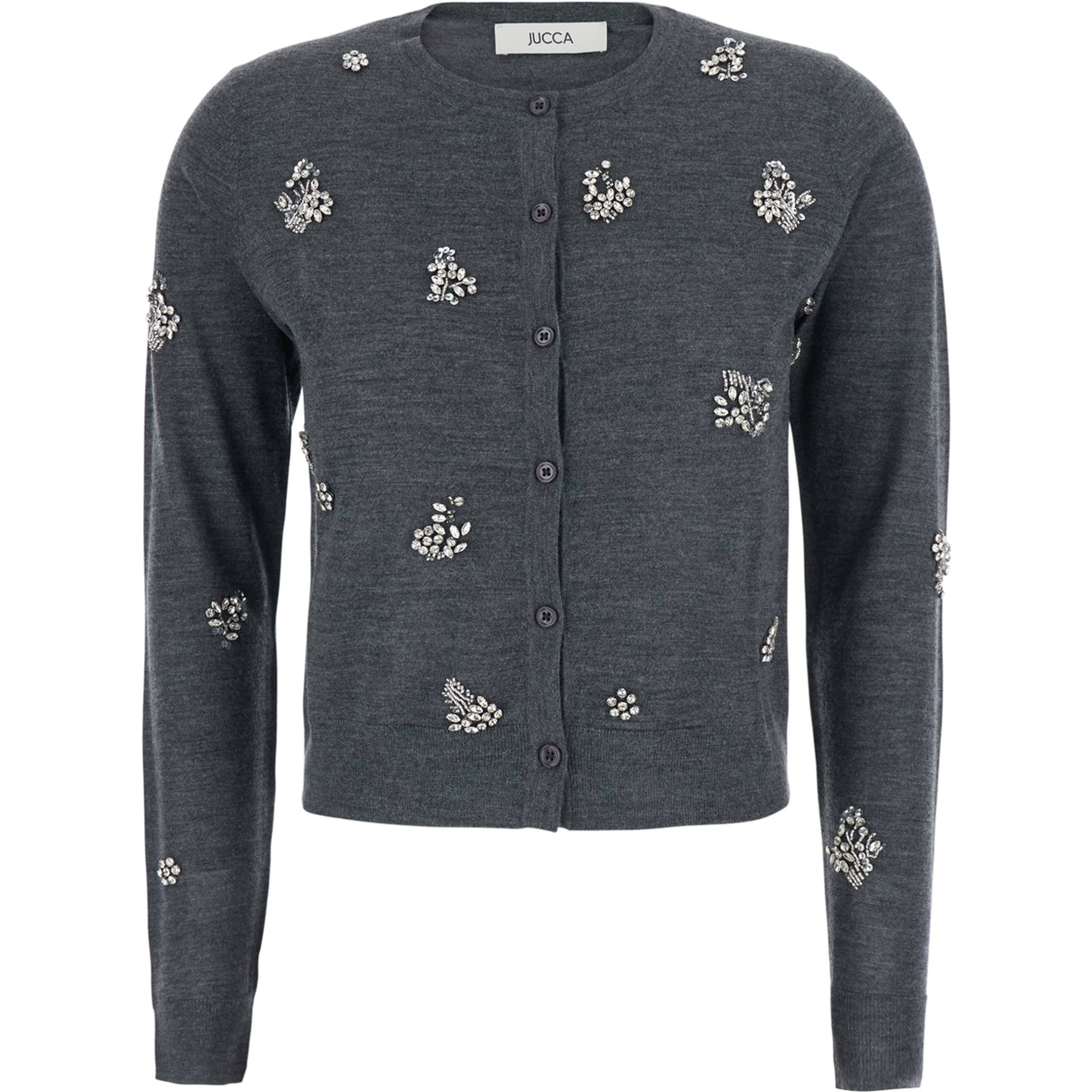 Grey Cardigan with Applied Beads in Wool for Women