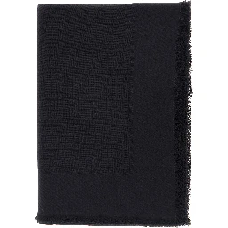 Black Square Scarf with Fringed Hem and FF Pattern in Wool Blend for Women