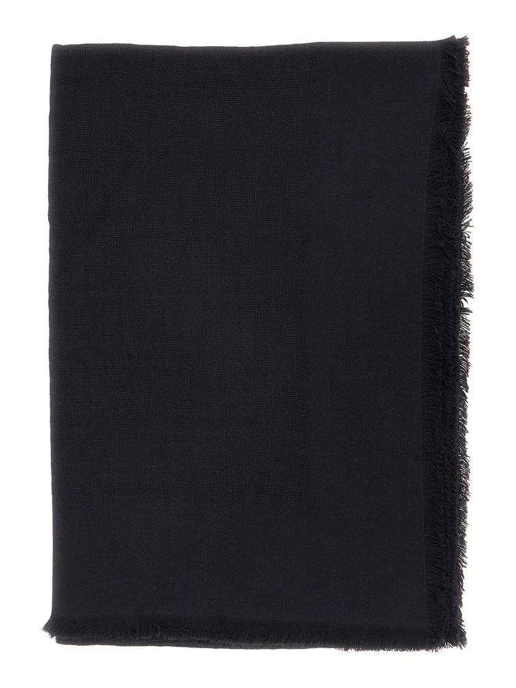 Black Square Scarf with Fringed Hem and FF Pattern in Wool Blend for Women