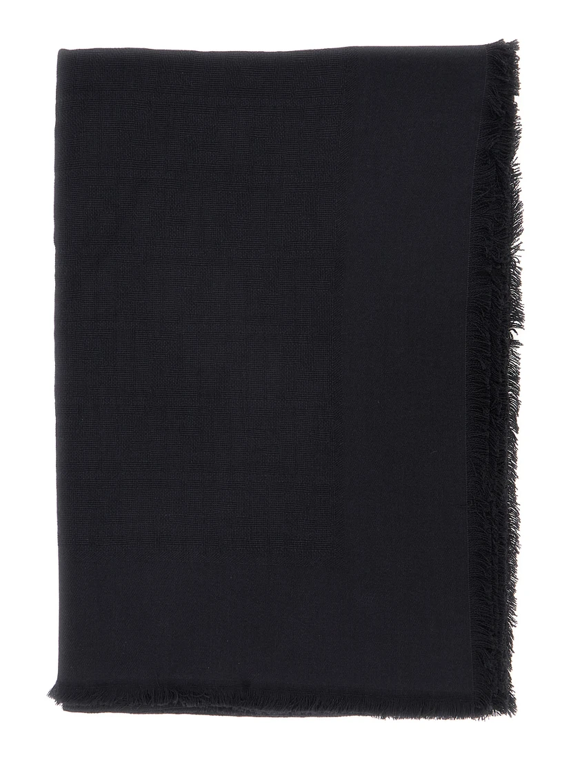 Black Square Scarf with Fringed Hem and FF Pattern in Wool Blend for Women