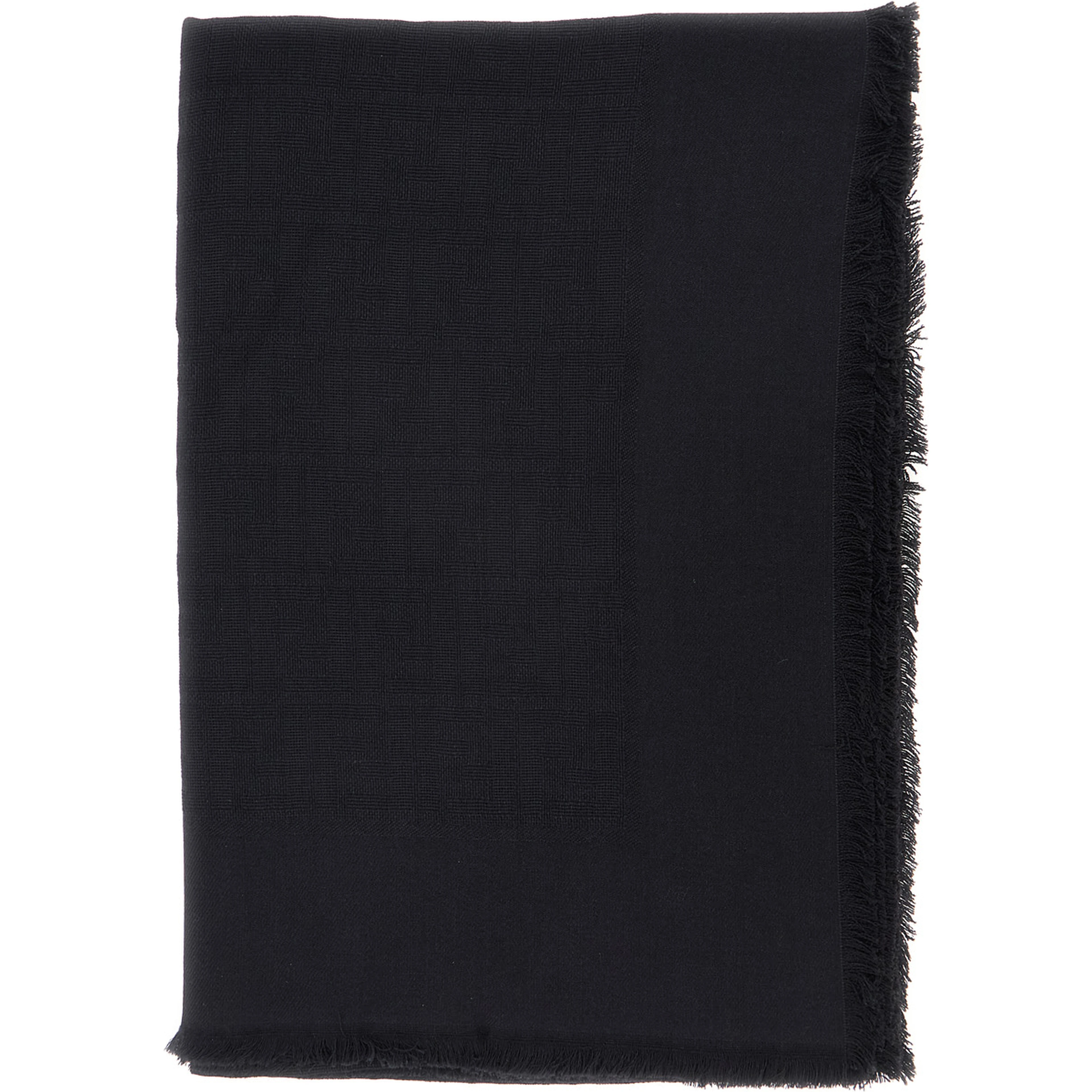 Black Square Scarf with Fringed Hem and FF Pattern in Wool Blend for Women