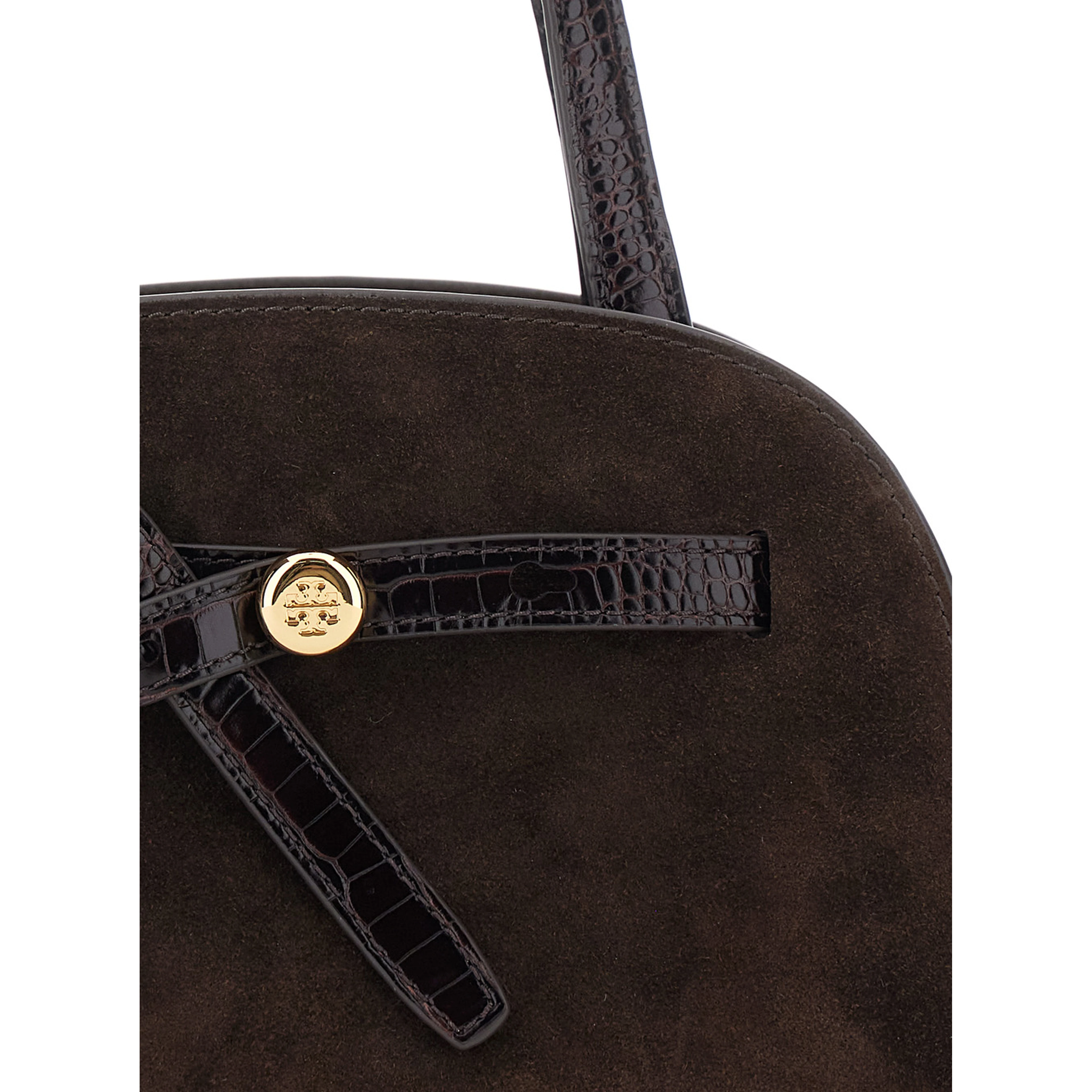 Romy Brown Mini Bag with adjustable and removable shoulder strap and logo plaque on the front in suede for women