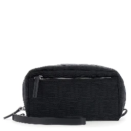 Black Clutch with adjustable and removable shoulder strap and two zip pockets in black FF canvas for men