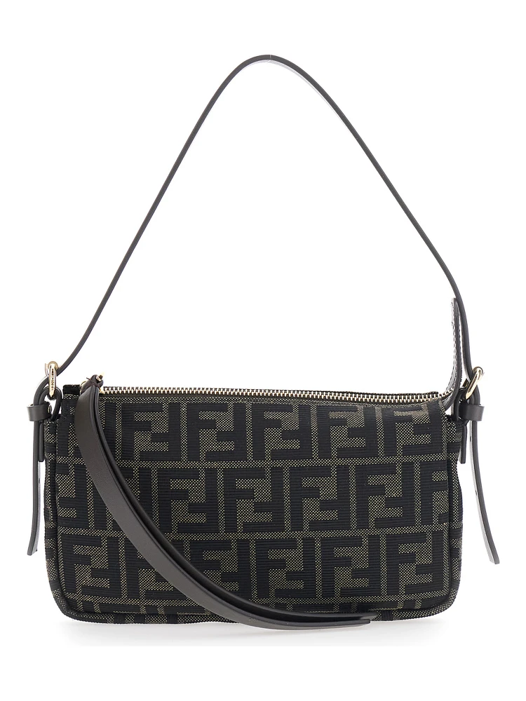 Zip Top Brown Crossbody bag with adjustable and removable strap in FF canvas for women