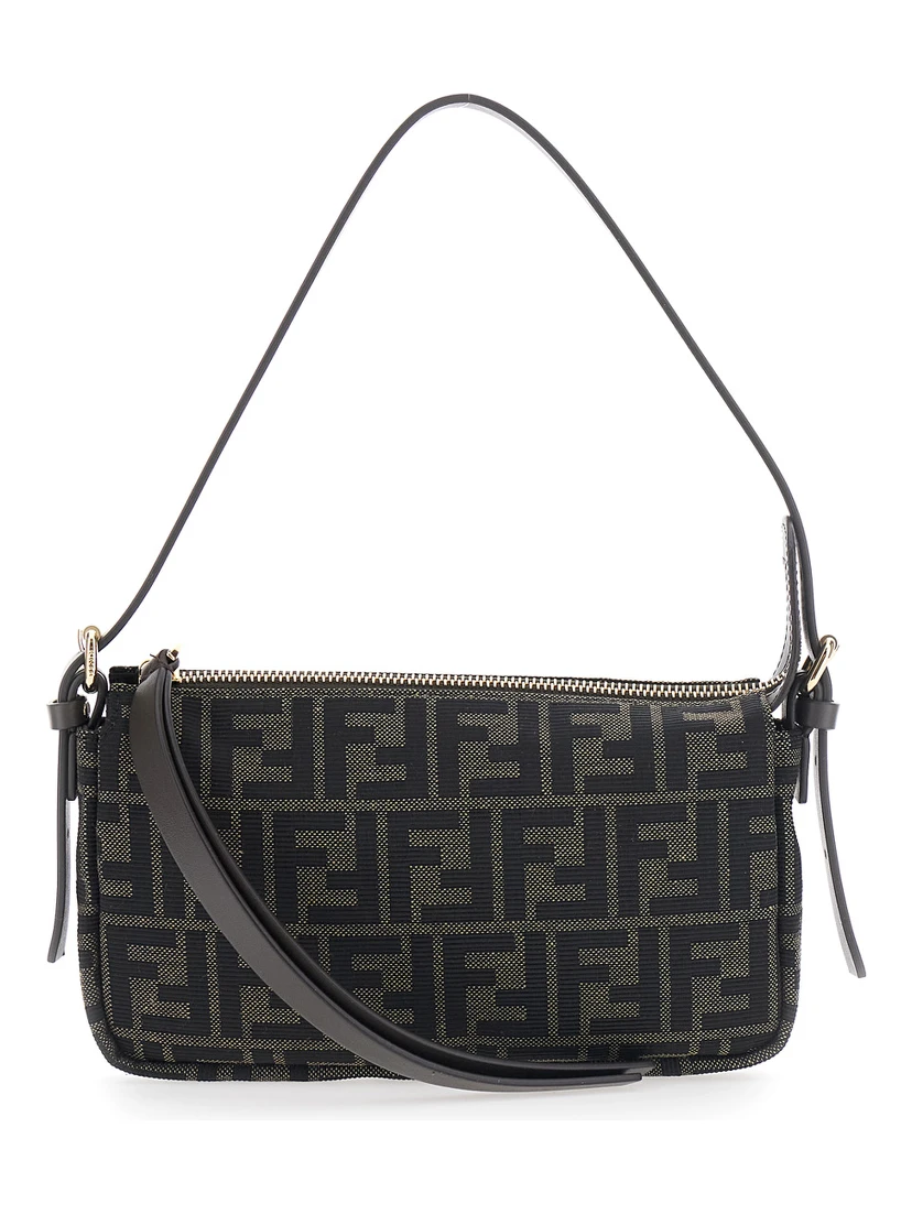 Zip Top Brown Crossbody bag with adjustable and removable strap in FF canvas for women