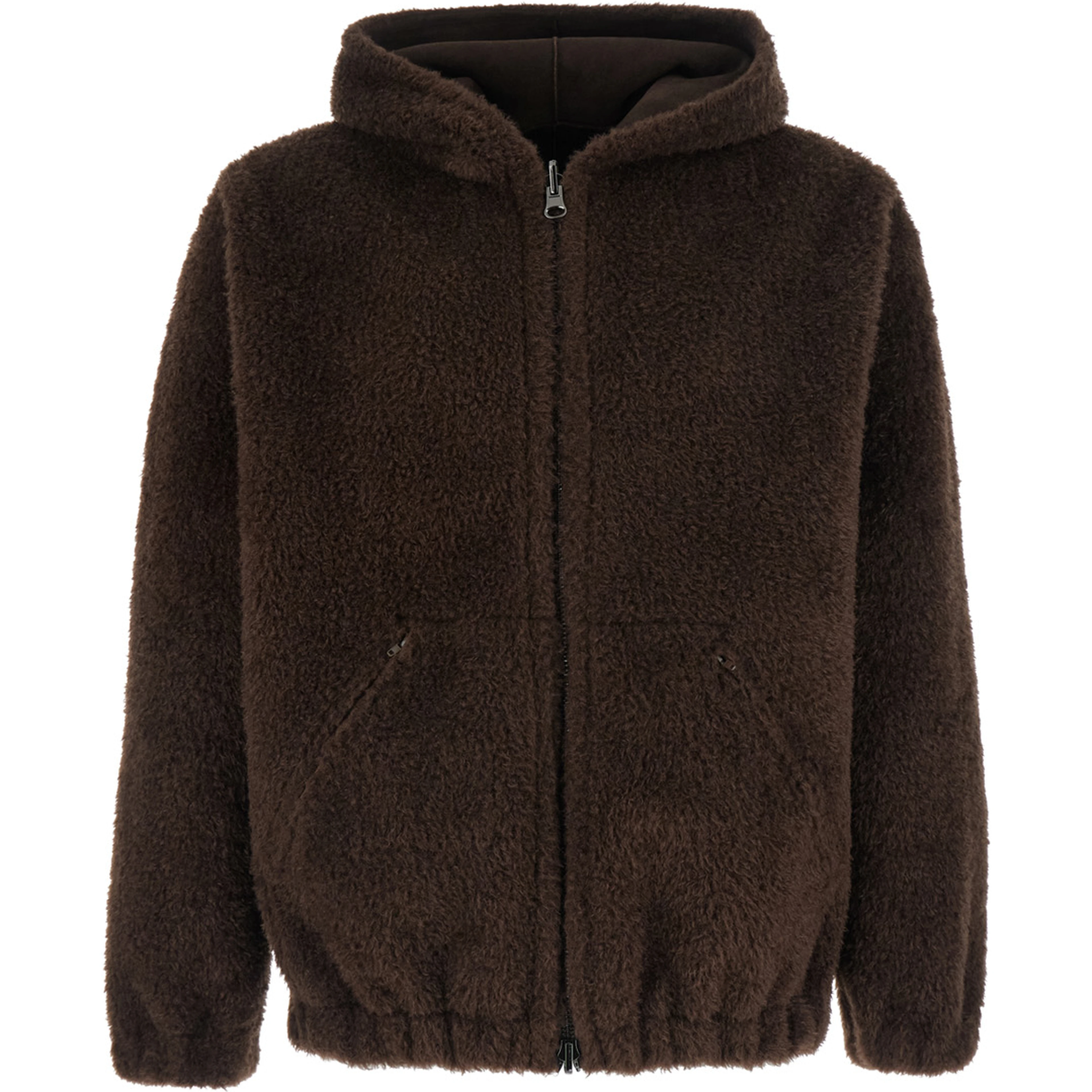 Brown Shearling with fixed hood and elastic hem in eco fur women
