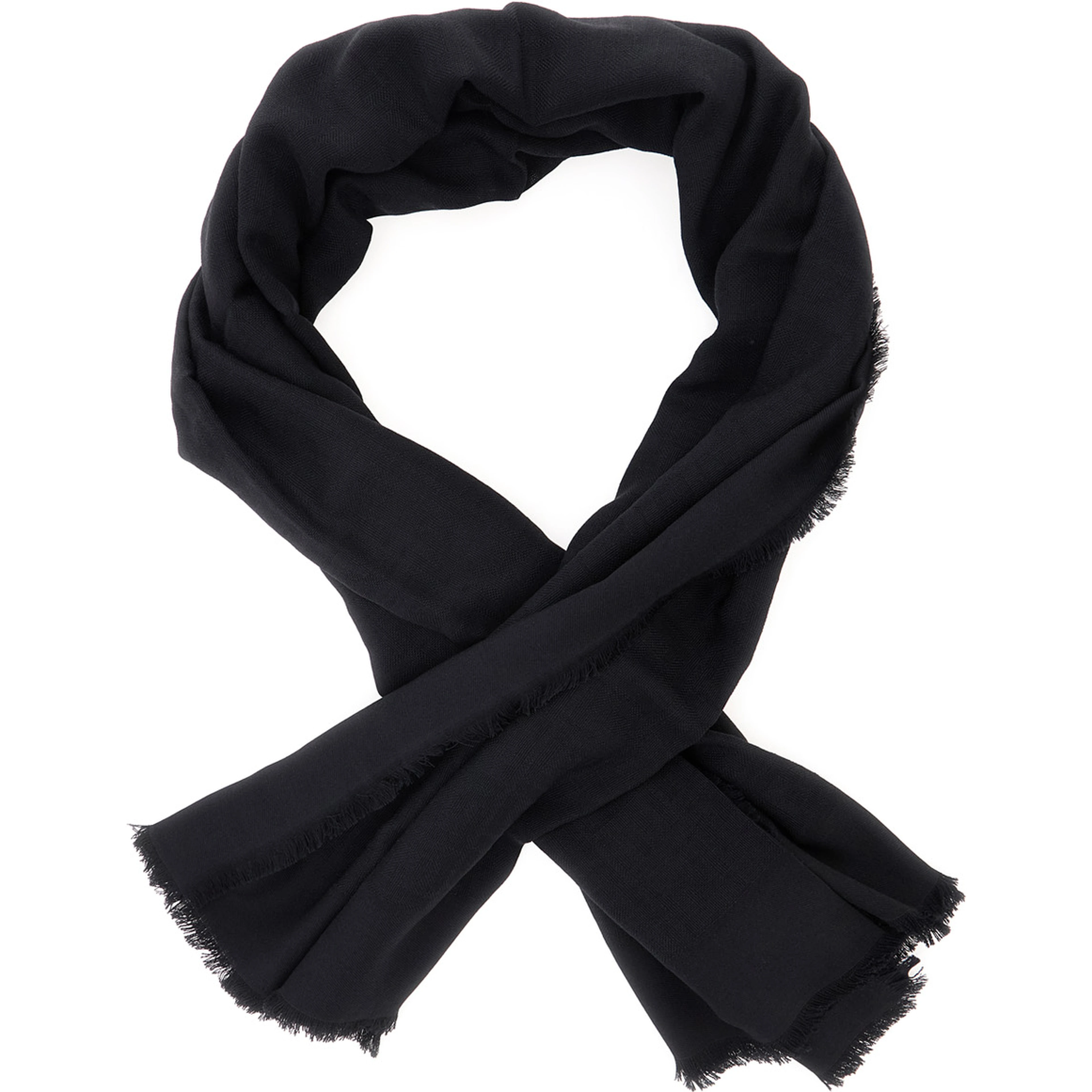 Black Square Scarf with Fringed Hem and FF Pattern in Wool Blend for Women