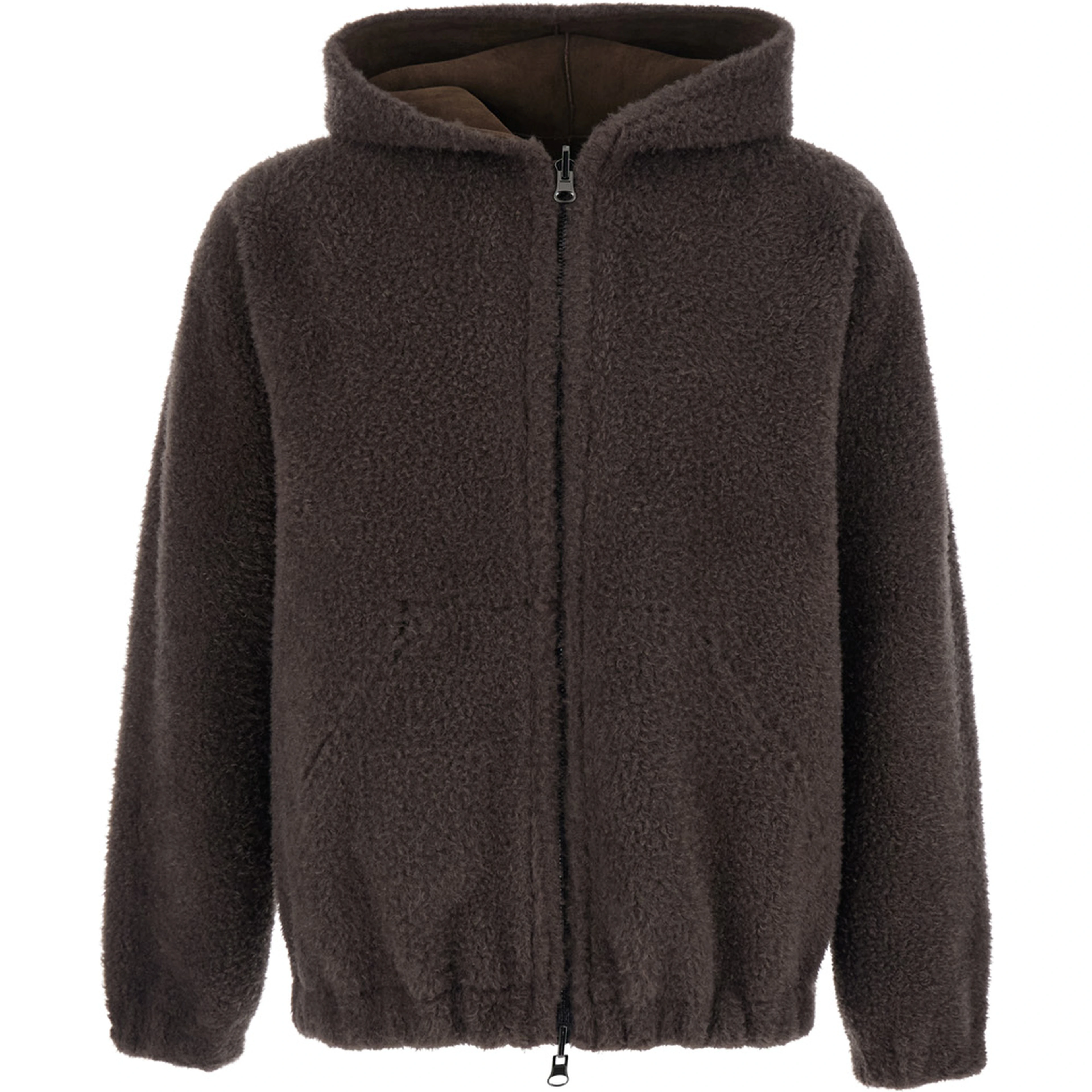 Brown Shearling Jacket with Fixed Hood and Zip Closure on the Front in ecofur for Men