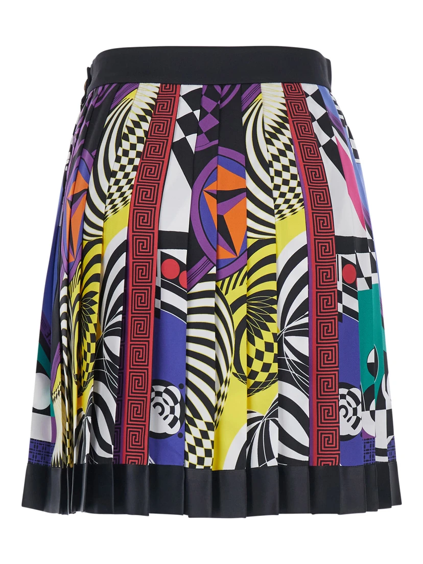 Multicolor Pleated Skirt with All-over Print in Silk for Women