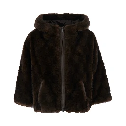 Brown shearling jacket with hood and front zip closure in ecofur for women