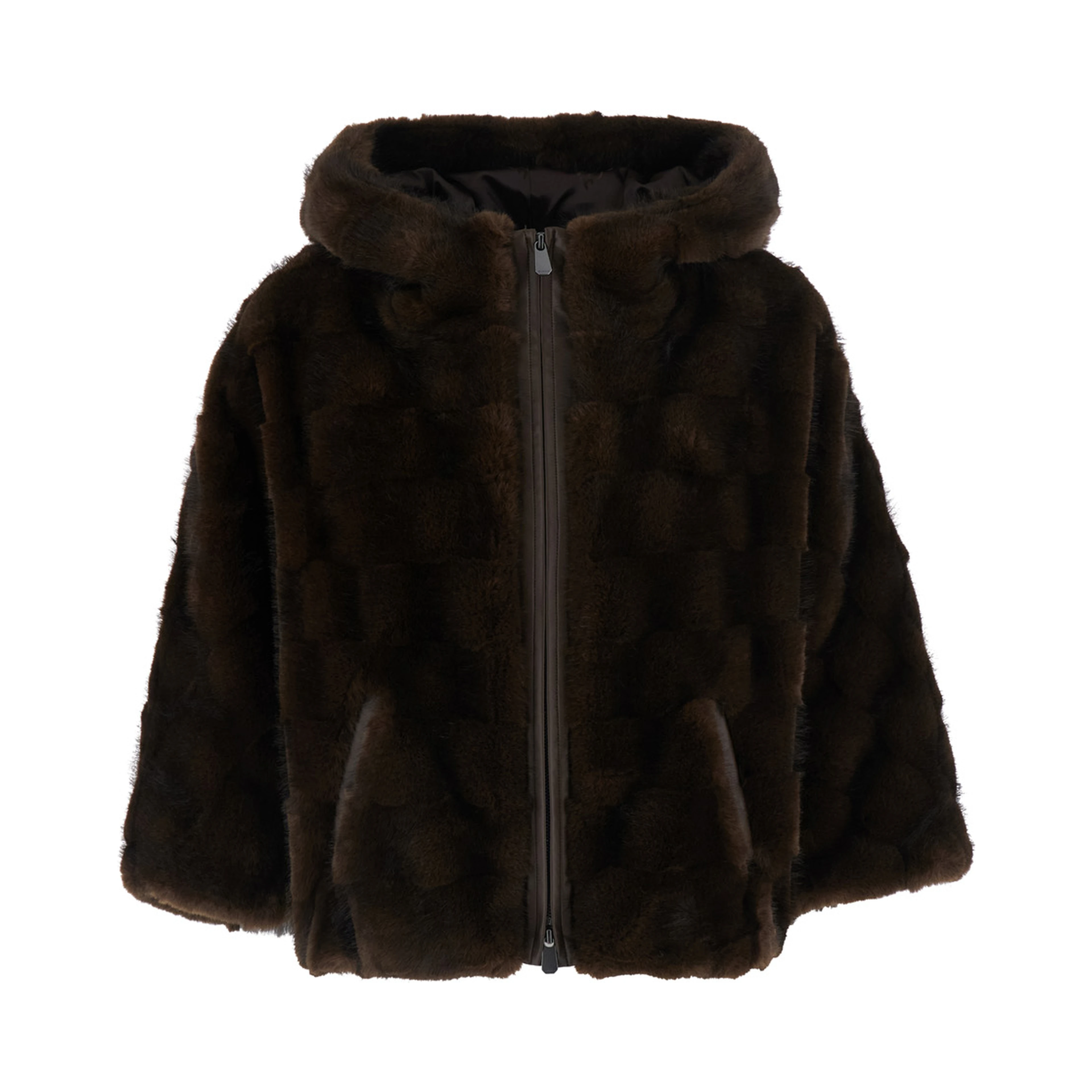 Brown shearling jacket with hood and front zip closure in ecofur for women