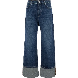 Blue Cuffed Hem Jeans with Printed Logo on the Back in Denim for Women