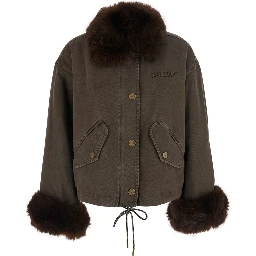 brown Jacket with eco-fur details and Logo lettering in cotton for women